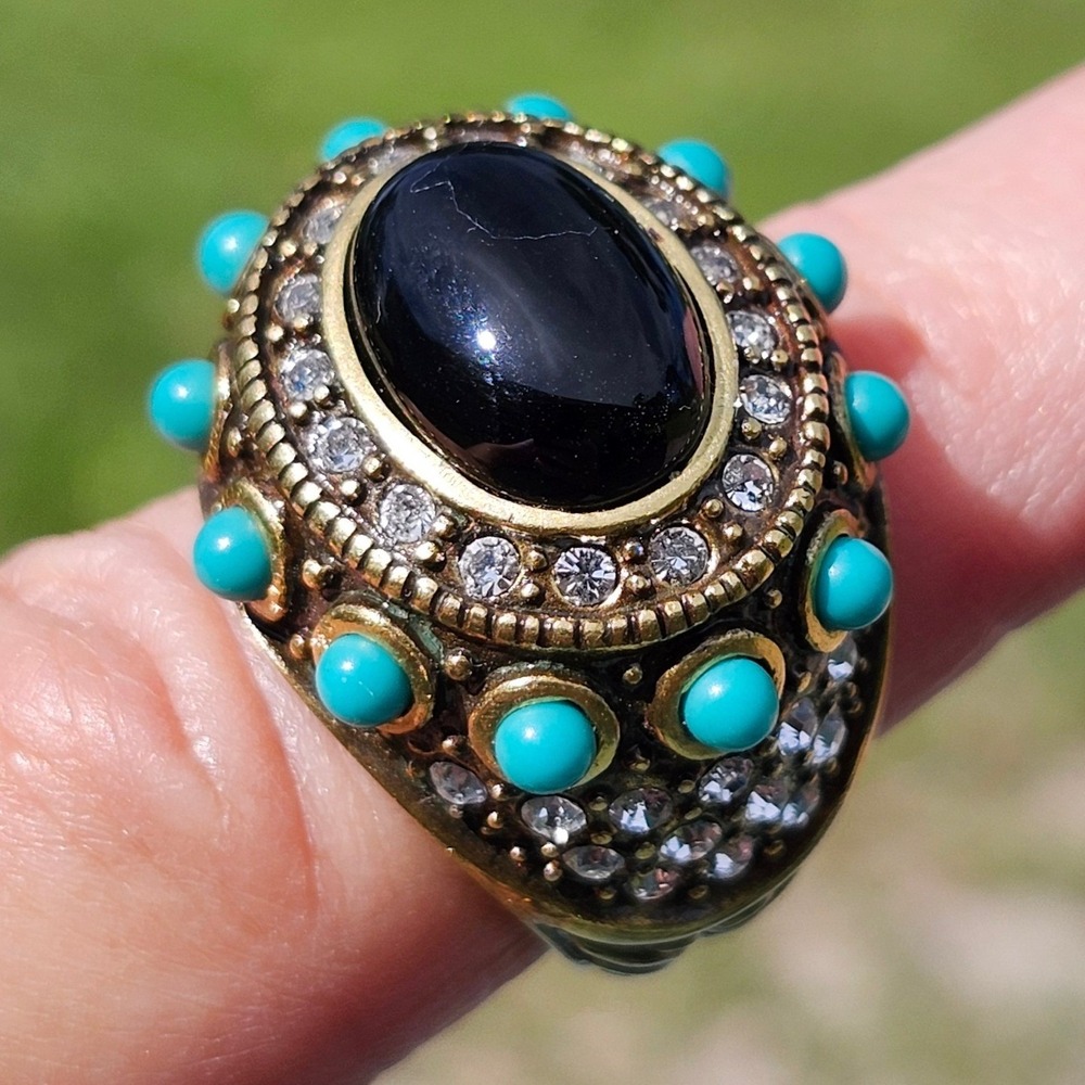 Signed Heidi Daus Rhapsody In Hues Statement Ring Black Faux Onyx Turquoise Sz 8
